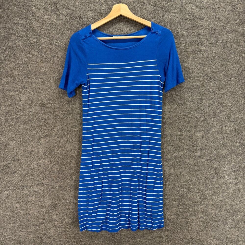 Dalia Dress Women S Small Blue Striped Shift Midi Short Sleeve Viscose Casual - Picture 1 of 7